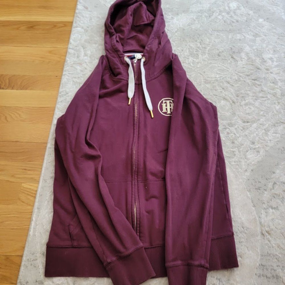 Tommy Hilfiger Women's Maroon Front Full Zipper Hoodie Sweatshirt Size S…